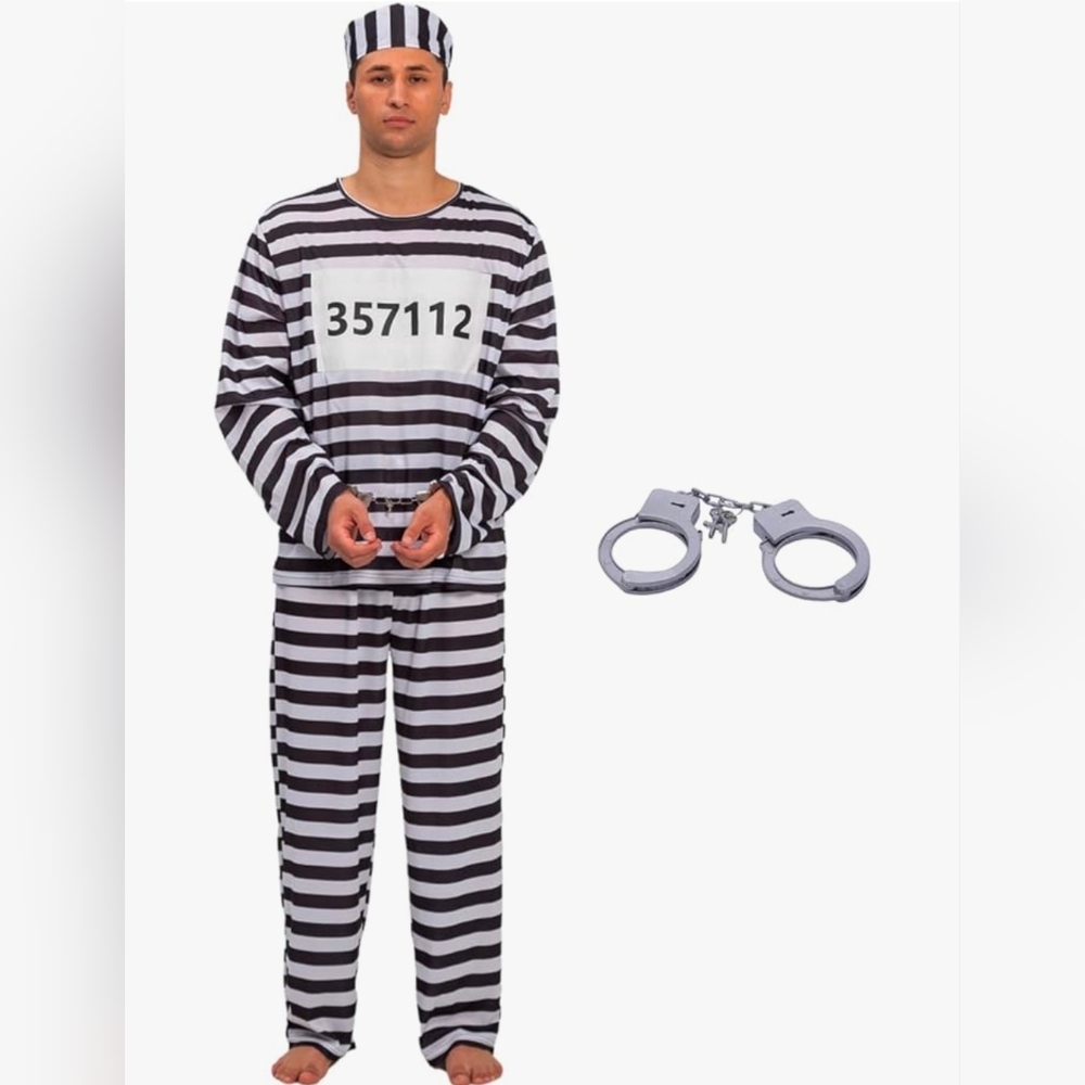 Adult Prisoner Costume with Handcuffs & Hat.